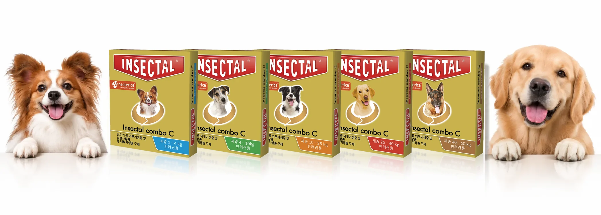 체중별 인섹탈 콤보 제품 패키지 5종(1–4kg, 4–10kg, 10–25kg, 25–40kg, 40–60kg)과 양옆의 반려견